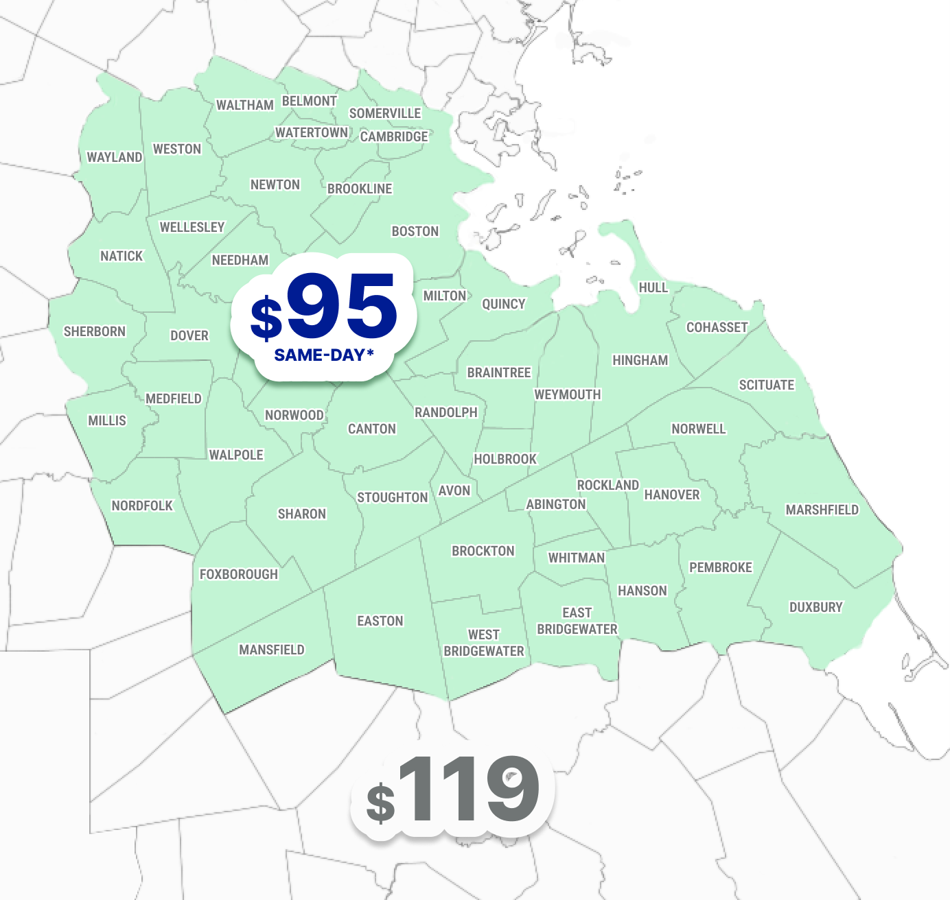 Boston service area map with home area pricing